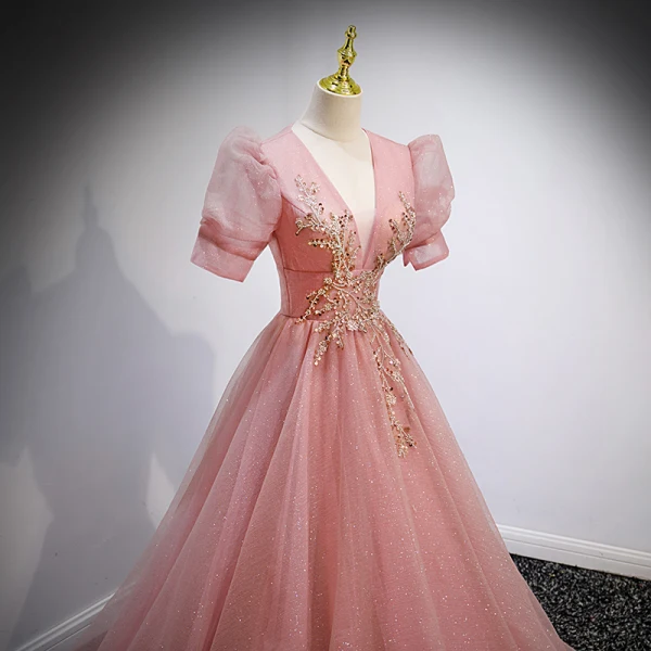 Chic / Beautiful Candy Pink Prom Dresses 2022 Ball Gown V-Neck Beading Sequins Puffy Short Sleeve Backless Floor-Length / Long Formal Dresses