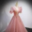 Chic / Beautiful Candy Pink Prom Dresses 2022 Ball Gown V-Neck Beading Sequins Puffy Short Sleeve Backless Floor-Length / Long Formal Dresses