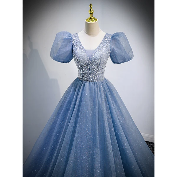 Chic / Belle Bleu Ciel Glitter Perlage Paillettes Robe De Bal 2022 Robe Boule V-Cou Manches Courtes Dos Nu Longue Robe De Ceremonie