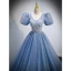 Chic / Belle Bleu Ciel Glitter Perlage Paillettes Robe De Bal 2022 Robe Boule V-Cou Manches Courtes Dos Nu Longue Robe De Ceremonie