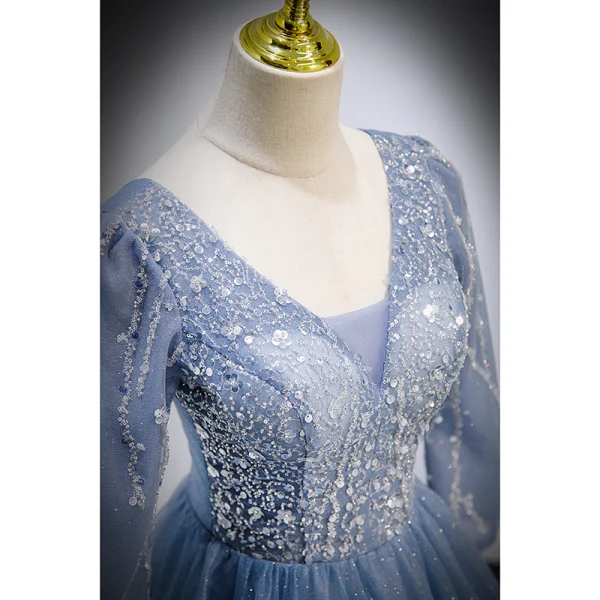 Chic / Belle Bleu Ciel Glitter Perlage Paillettes Robe De Bal 2022 Robe Boule V-Cou Manches Longues Dos Nu Longue Robe De Ceremonie
