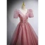 Elegant Blushing Pink Prom Dresses 2022 Ball Gown Floor-Length / Long V-Neck Beading Rhinestone Butterfly Appliques Puffy Short Sleeve Backless Formal Dresses