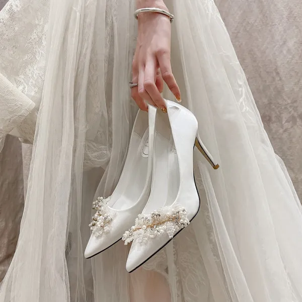 Elegant Ivory Beading Pearl Rhinestone Wedding Shoes 2022 9 cm Stiletto Heels Pointed Toe Wedding Pumps High Heels