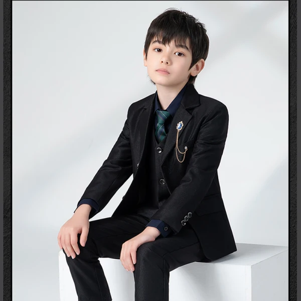 Fashion Navy Blue Long Sleeve Boys Wedding Suits 2022 Coat Pants Shirt Tie Vest Wedding