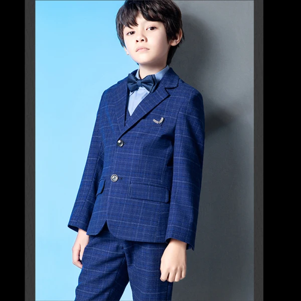Mode Bleu Marine Manches Longues Costume Garçon Mariage 2022 Mariage Manteau Pantalon Chemise Gilet Rubans