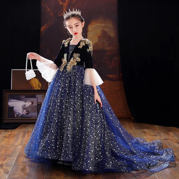 Sparkly Navy Blue Star Sequins Birthday Flower Girl Dresses 2022 Ball Gown Square Neckline Rhinestone Lace Flower Bell sleeves Sweep Train Flower Girl Dresses
