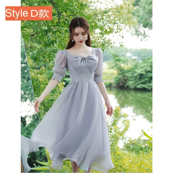 Modest / Simple Sky Blue Bridesmaid Dresses 2021 A-Line / Princess V-Neck Bow Short Sleeve Backless Tea-length Wedding Party Dresses