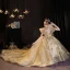 Sparkly Gold Beading Pearl Sequins Lace Flower Birthday Flower Girl Dresses 2022 Ball Gown High Neck Short Sleeve Court Train Flower Girl Dresses