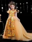 Style Chinois Jaune Impression Anniversaire Robe Ceremonie Fille 2022 Robe Boule Col Haut Gonflée Manches Courtes Tribunal Train Robe Ceremonie Fille