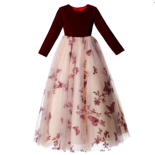 Chic / Beautiful Burgundy Suede Birthday Flower Girl Dresses 2022 Ball Gown Scoop Neck Lace Butterfly Long Sleeve Floor-Length / Long Flower Girl Dresses
