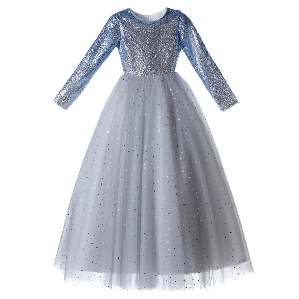 Sparkly Sky Blue Gradient-Color Sequins Birthday Flower Girl Dresses 2022 Ball Gown Scoop Neck Long Sleeve Floor-Length / Long Flower Girl Dresses