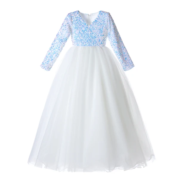 Chic / Beautiful Ivory Sequins Birthday Flower Girl Dresses 2022 Ball Gown V-Neck Long Sleeve Floor-Length / Long Flower Girl Dresses
