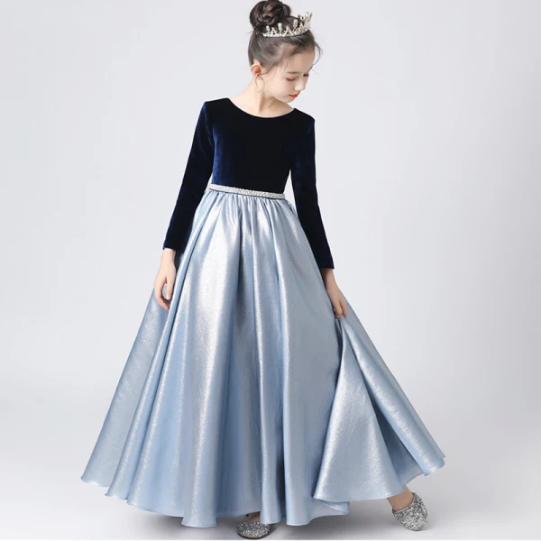 Vintage / Retro Navy Blue Suede Satin Birthday Flower Girl Dresses 2022 A-Line / Princess Scoop Neck Long Sleeve Floor-Length / Long Flower Girl Dresses