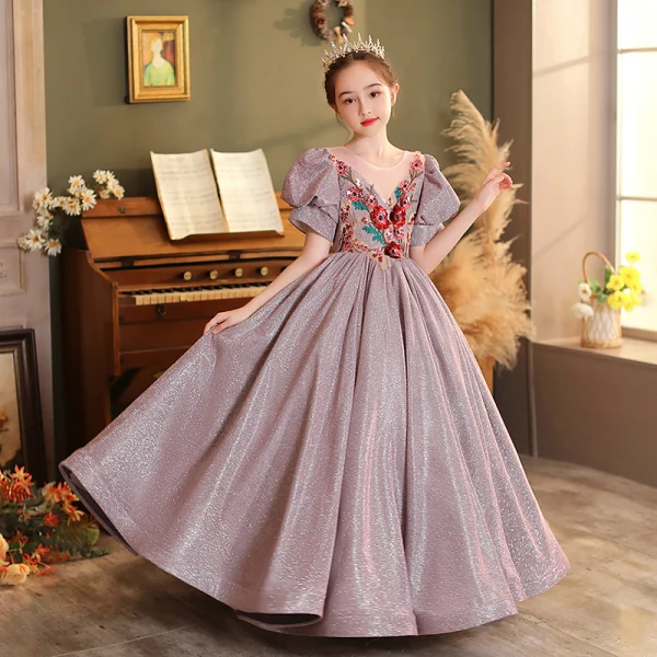 Sparkly Lavender Glitter Sequins Lace Flower Flower Girl Dresses 2022 Ball Gown Birthday Scoop Neck Short Sleeve Backless Floor-Length / Long Flower Girl Dresses