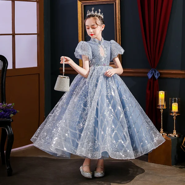 Sparkly Sky Blue Pearl Rhinestone Sequins Birthday Flower Girl Dresses 2022 Ball Gown High Neck Puffy Short Sleeve Backless Floor-Length / Long Flower Girl Dresses