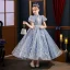 Sparkly Sky Blue Pearl Rhinestone Sequins Birthday Flower Girl Dresses 2022 Ball Gown High Neck Puffy Short Sleeve Backless Floor-Length / Long Flower Girl Dresses