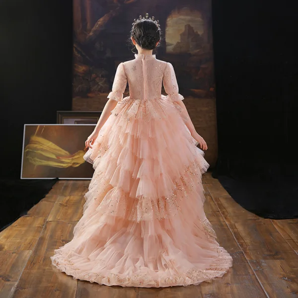 Chic / Beautiful Pearl Pink Beading Lace Sequins Cascading Ruffles Birthday Flower Girl Dresses 2022 Ball Gown High Neck 1/2 Sleeves Sweep Train Flower Girl Dresses