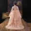 Chic / Beautiful Pearl Pink Beading Lace Sequins Cascading Ruffles Birthday Flower Girl Dresses 2022 Ball Gown High Neck 1/2 Sleeves Sweep Train Flower Girl Dresses