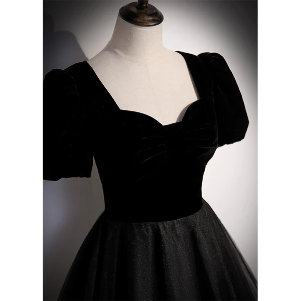 Elegant Black Suede Prom Dresses 2022 A-Line / Princess Square Neckline Short Sleeve Floor-Length / Long Formal Dresses