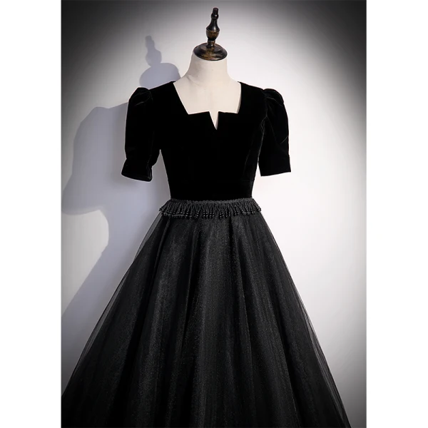 Elegant Black Suede Prom Dresses 2022 A-Line / Princess Square Neckline Beading Tassel Short Sleeve Floor-Length / Long Formal Dresses