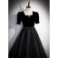 Elegant Black Suede Prom Dresses 2022 A-Line / Princess Square Neckline Beading Tassel Short Sleeve Floor-Length / Long Formal Dresses