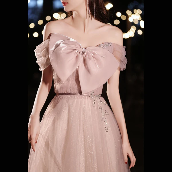 Chic / Belle Rougissant Rose Robe De Bal 2022 Princesse De l'épaule Noeud Paillettes Faux Diamant Manches Courtes Dos Nu Longue Robe De Ceremonie