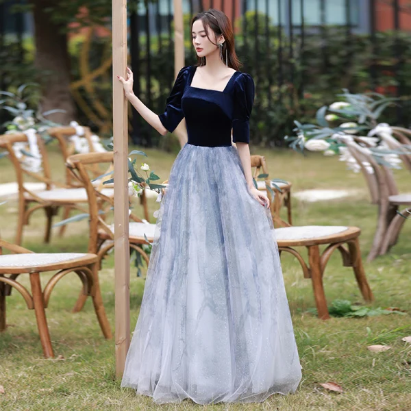 Elegant Navy Blue Suede Prom Dresses 2022 A-Line / Princess Square Neckline 1/2 Sleeves Backless Floor-Length / Long Formal Dresses