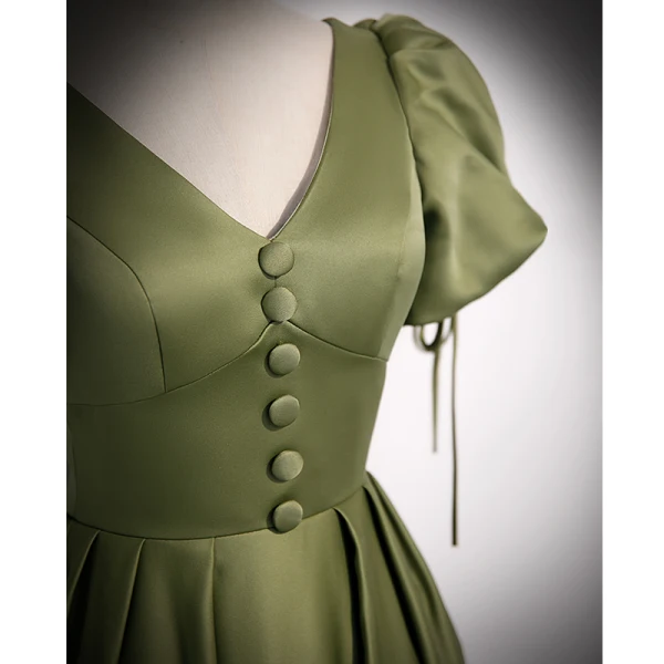 Modest / Simple Clover Green Satin Prom Dresses 2022 A-Line / Princess V-Neck Puffy Short Sleeve Backless Floor-Length / Long Formal Dresses