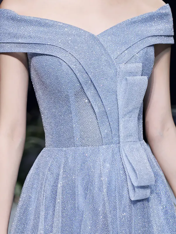 Charming Sparkly Sky Blue Glitter Sequins Prom Dresses 2022 A-Line / Princess Off-The-Shoulder Bow Short Sleeve Backless Floor-Length / Long Formal Dresses