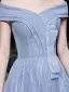 Charming Sparkly Sky Blue Glitter Sequins Prom Dresses 2022 A-Line / Princess Off-The-Shoulder Bow Short Sleeve Backless Floor-Length / Long Formal Dresses