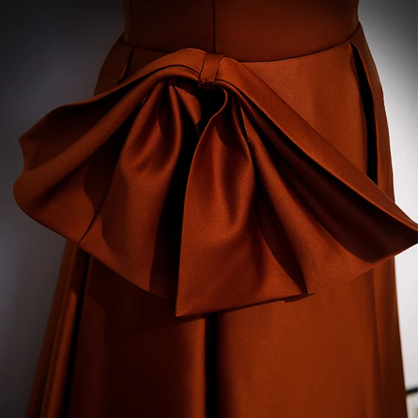 Elegant Brown Satin Prom Dresses 2022 A-Line / Princess Square Neckline Puffy Short Sleeve Bow Backless Floor-Length / Long Formal Dresses