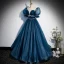 Élégant Océan Bleu Paillettes Robe De Bal 2022 Robe Boule Encolure Dégagée Gonflée Manches Courtes Noeud Longue Robe De Ceremonie