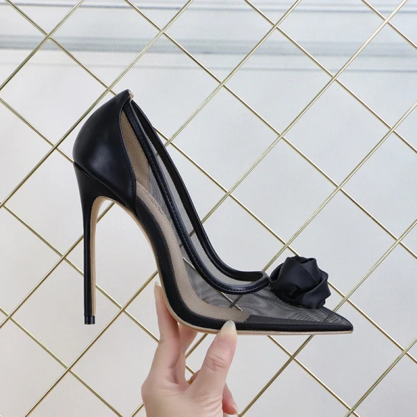Sexy Black See-through Evening Party Pumps 2021 Flower 12 cm Stiletto Heels Pointed Toe Pumps High Heels