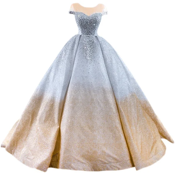 High-end Silver Gradient-Color Wedding Dresses 2022 Ball Gown Scoop Neck Handmade  Beading Rhinestone Sequins Short Sleeve Chapel Train Wedding