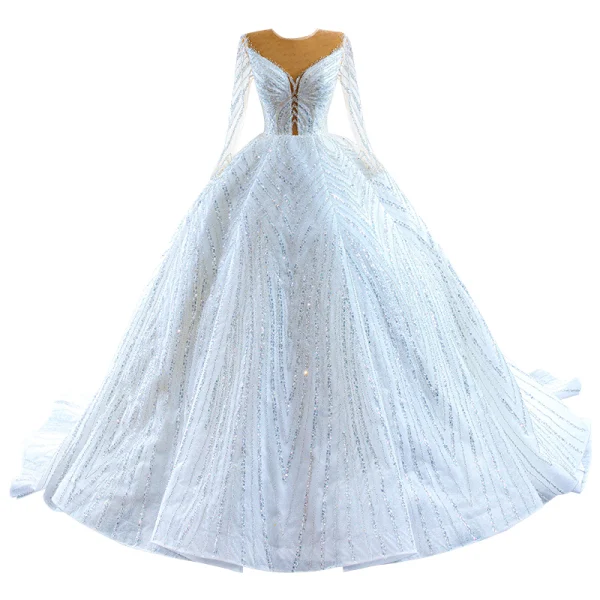 High-end Luxury / Gorgeous White Handmade  Beading Rhinestone Sequins Wedding Dresses 2022 Ball Gown Scoop Neck Long Sleeve Chapel Train Wedding