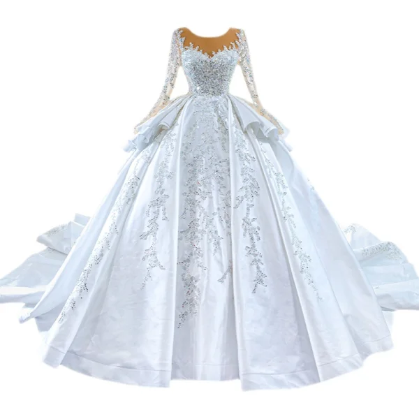 Luxury / Gorgeous High-end Handmade  Beading Pearl Sequins White Wedding Dresses 2022 Ball Gown Cascading Ruffles Scoop Neck Long Sleeve Royal Train Wedding