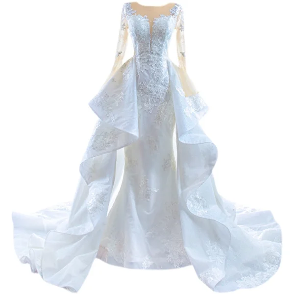 High End Weiß Perlenstickerei Spitze Blumen Fallende Rüsche Brautkleider / Hochzeitskleider 2022 Meerjungfrau Rundhalsausschnitt Lange Ärmel Hof-Schleppe Hochzeit