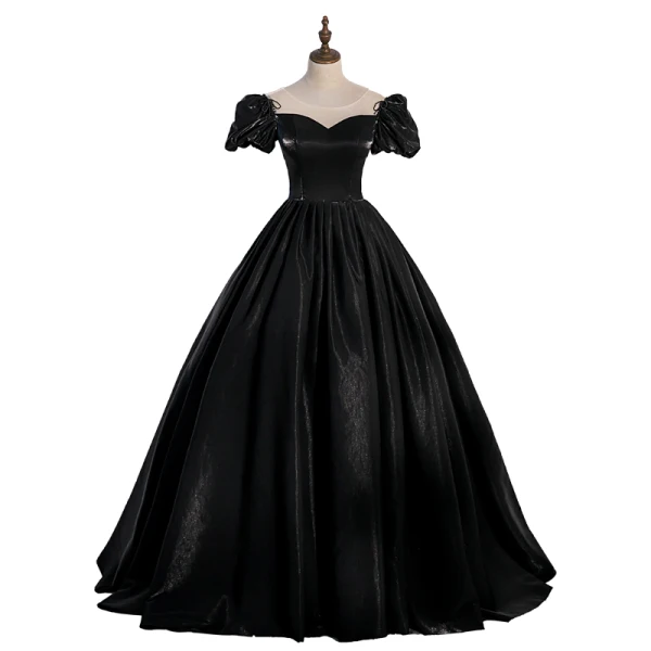 Vintage / Retro Black Satin Prom Dresses 2022 Ball Gown Scoop Neck Puffy Short Sleeve Backless Floor-Length / Long Formal Dresses