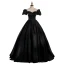 Vintage / Retro Black Satin Prom Dresses 2022 Ball Gown Scoop Neck Puffy Short Sleeve Backless Floor-Length / Long Formal Dresses