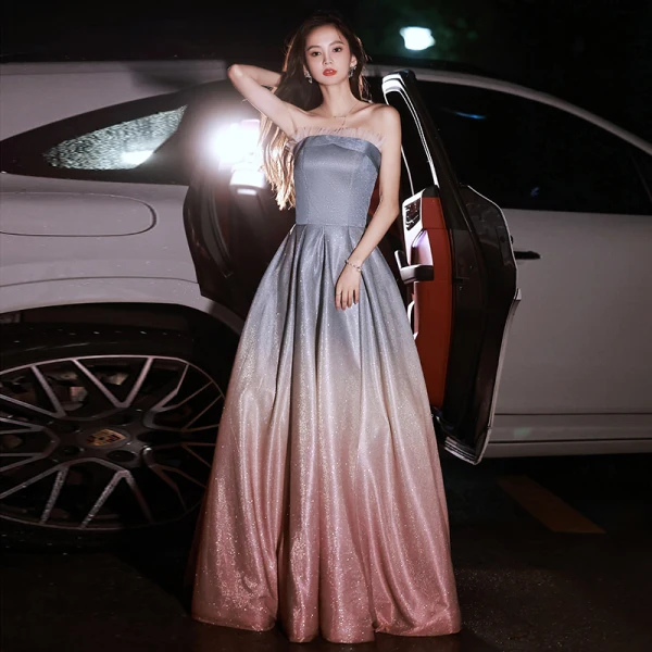 Charming Silver Gradient-Color Glitter Prom Dresses 2022 A-Line / Princess Strapless Sleeveless Backless Floor-Length / Long Formal Dresses