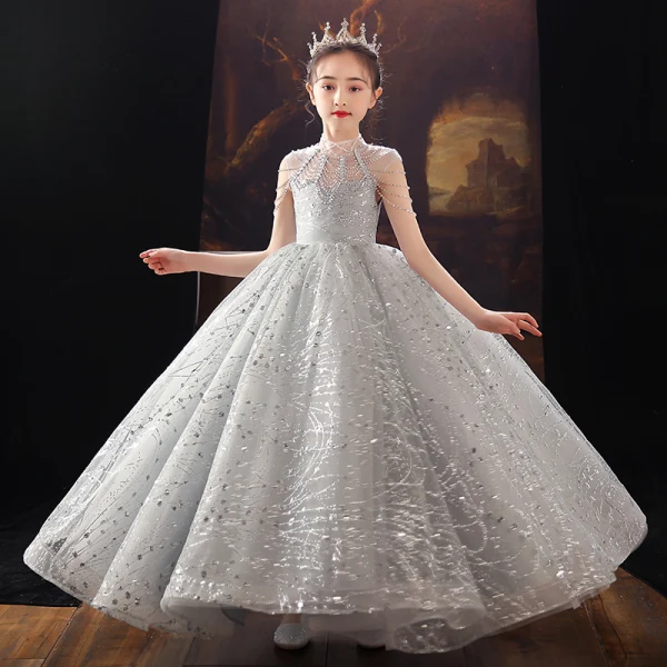 Chic / Beautiful Grey Birthday Flower Girl Dresses 2022 Ball Gown High Neck Beading Rhinestone Sequins Sleeveless Floor-Length / Long Flower Girl Dresses