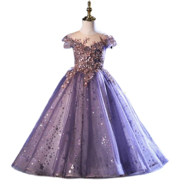 Schöne Traube Perlenstickerei Star Pailletten Geburtstag Blumenmädchenkleider 2022 Ballkleid Rundhalsausschnitt Kurze Ärmel Rückenfreies Lange Blumenmädchenkleider