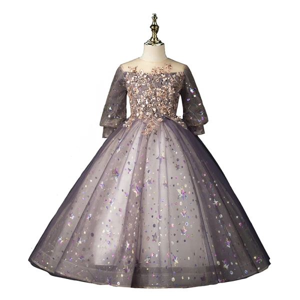 Chic / Beautiful Purple Beading Sequins Birthday Flower Girl Dresses 2022 Ball Gown Scoop Neck Long Sleeve Floor-Length / Long Flower Girl Dresses