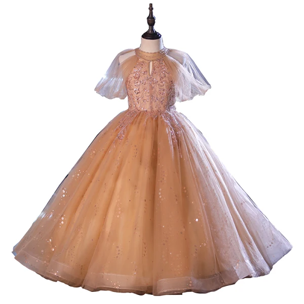 Chic / Beautiful Champagne Birthday Flower Girl Dresses 2022 Ball Gown High Neck Puffy Short Sleeve Beading Sequins Floor-Length / Long Flower Girl Dresses