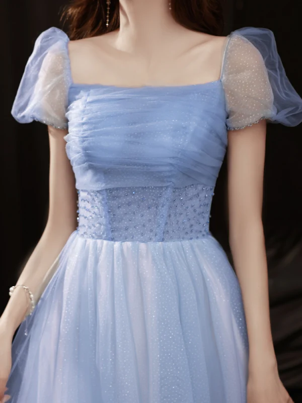 Chic / Belle Bleu Ciel Paillettes Robe De Bal 2021 Princesse Encolure Carrée Manches Courtes Dos Nu Longue Robe De Ceremonie