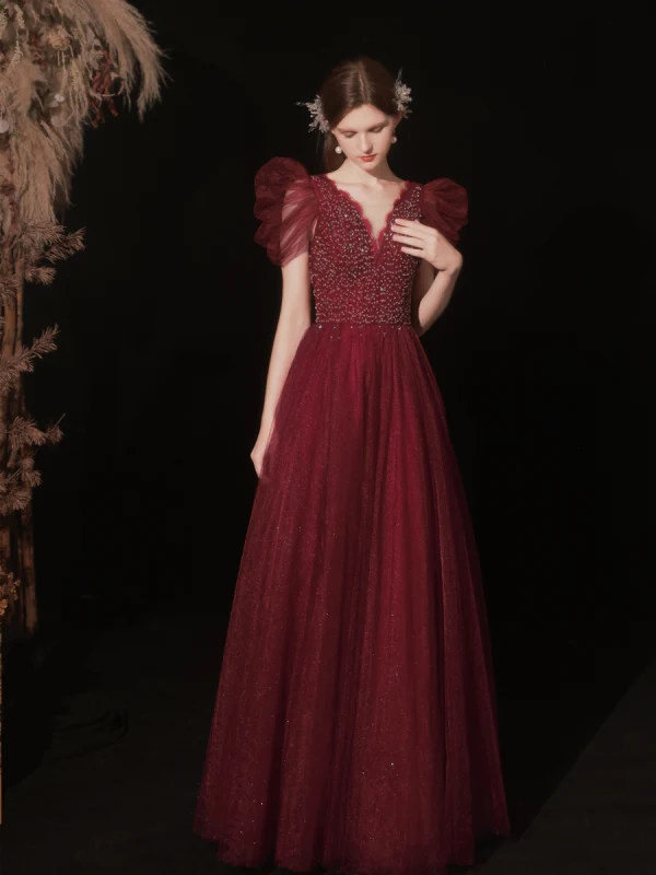 Charming Burgundy Prom Dresses 2022 A-Line / Princess V-Neck Puffy Short Sleeve Beading Sequins Backless Floor-Length / Long Formal Dresses