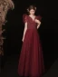 Charming Burgundy Prom Dresses 2022 A-Line / Princess V-Neck Puffy Short Sleeve Beading Sequins Backless Floor-Length / Long Formal Dresses