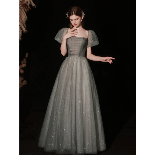Chic / Beautiful Glitter Sage Green Prom Dresses 2022 A-Line / Princess Strapless Puffy Short Sleeve Backless Floor-Length / Long Prom Formal Dresses