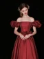 Elegant Burgundy Satin Prom Dresses 2022 A-Line / Princess Square Neckline Puffy Short Sleeve Bow Backless Floor-Length / Long Formal Dresses