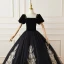Elegant Black Suede Prom Dresses 2022 Ball Gown Square Neckline Puffy Short Sleeve Appliques Backless Floor-Length / Long Formal Dresses